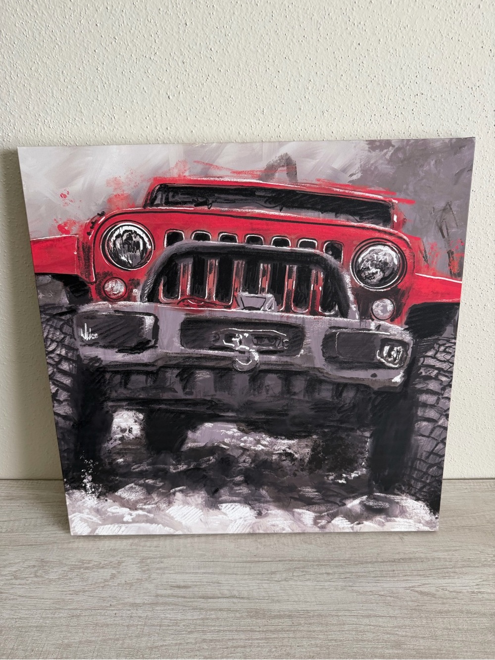 Red Jeep Wrangler Canvas Wall Art 24" X 24" Off-Road Painting
